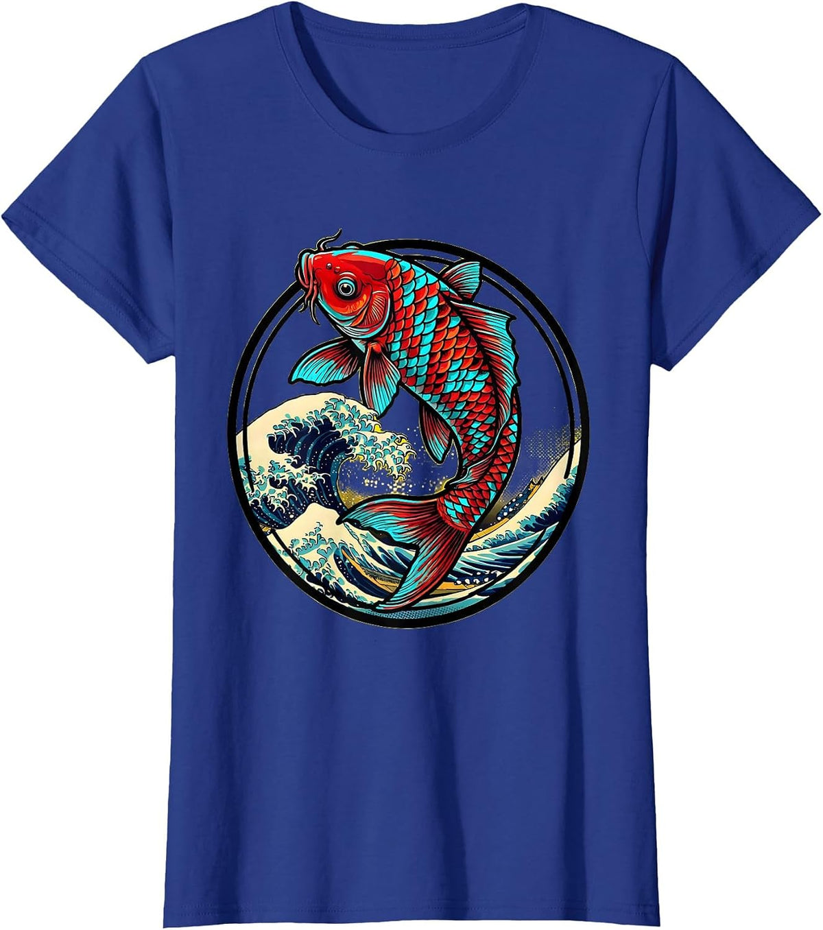 Women's Koi Fish Leaping Waves Japanese Anime Art T-Shirt - Royal Blue