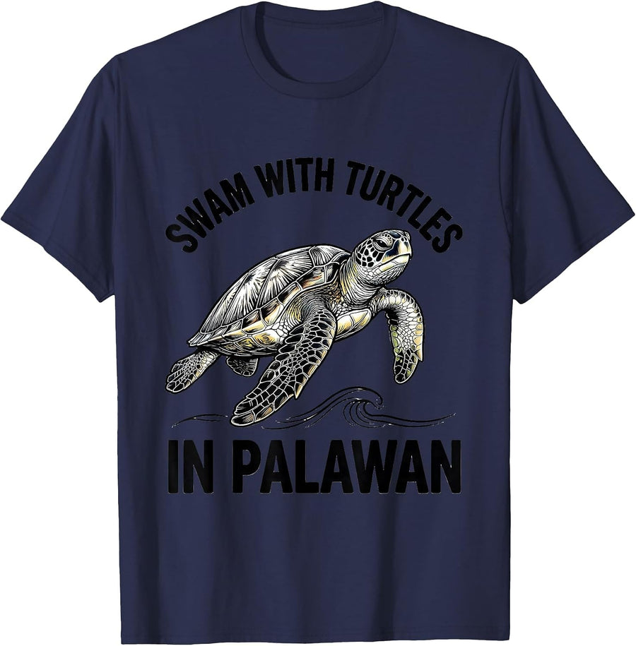 Swam With Turtles In Palawan Line Art Sea Turtle Souvenir T-Shirt - Navy Blue