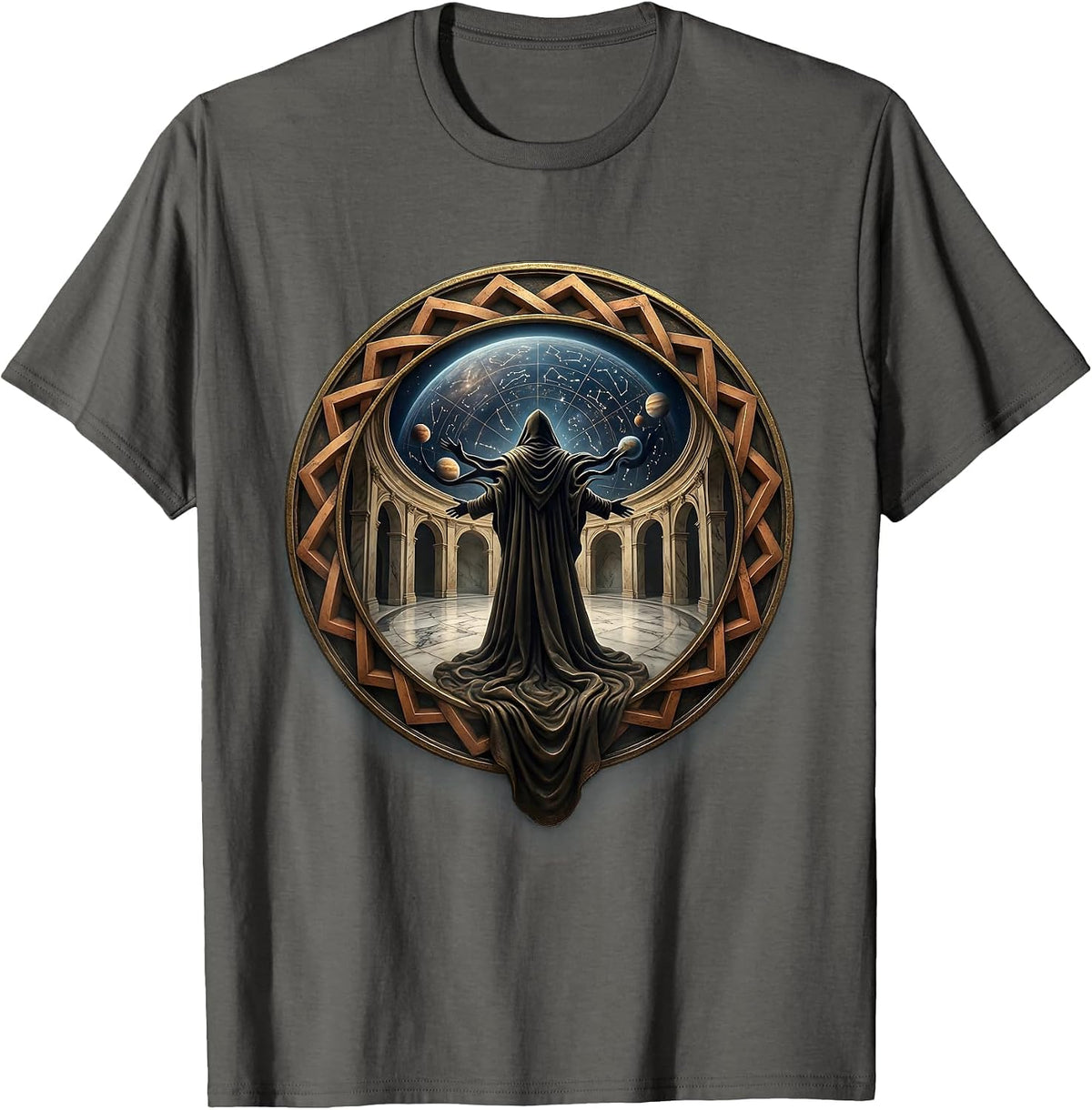 Renaissance Stargazer Robed Figure Celestial Dome T-Shirt - Asphalt Grey
