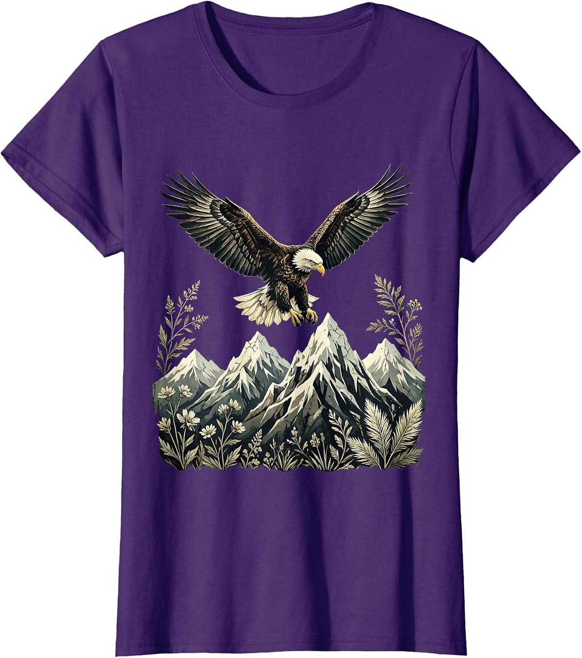 Women's Bald Eagle Soaring Over Snow-Capped Mountains T-Shirt - Purple