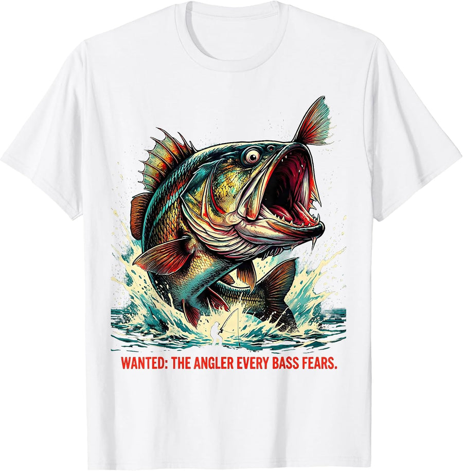 Men's Wanted: The Angler Every Bass Fears Funny Fishing Humor T-Shirt - White