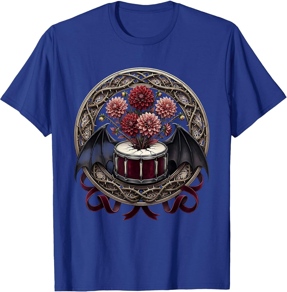 Dahlia Explosion Bass Drum Rock Floral Design T-Shirt - Royal Blue