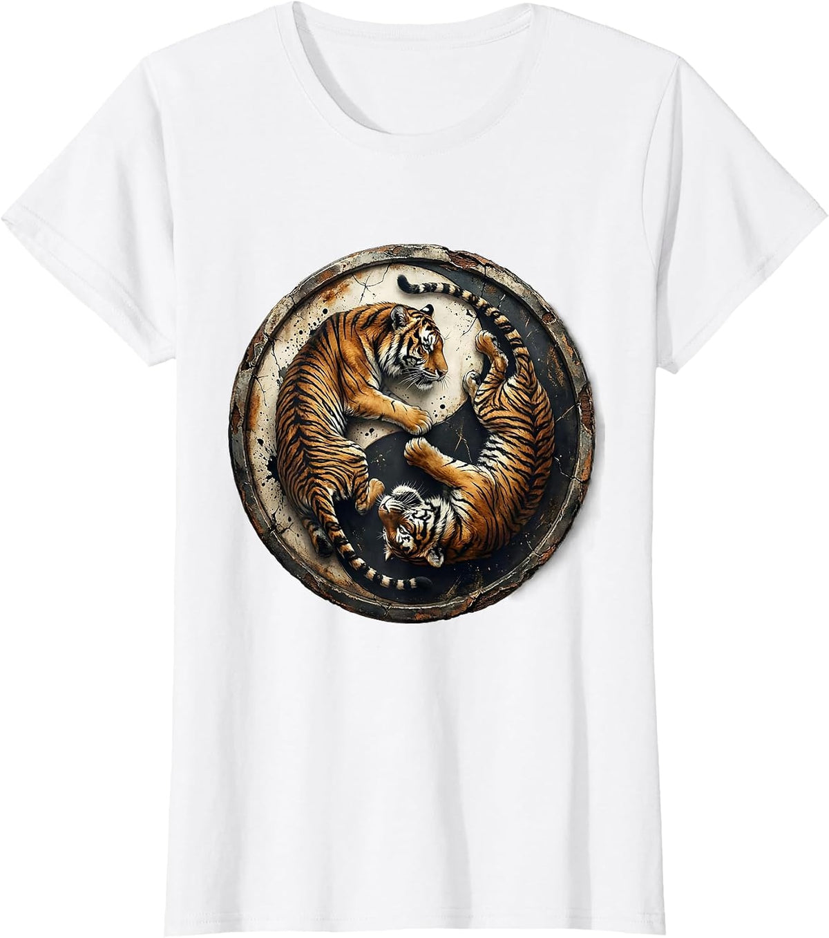 Tiger Yin Yang Circling Duo Graphic Design T-Shirt - White