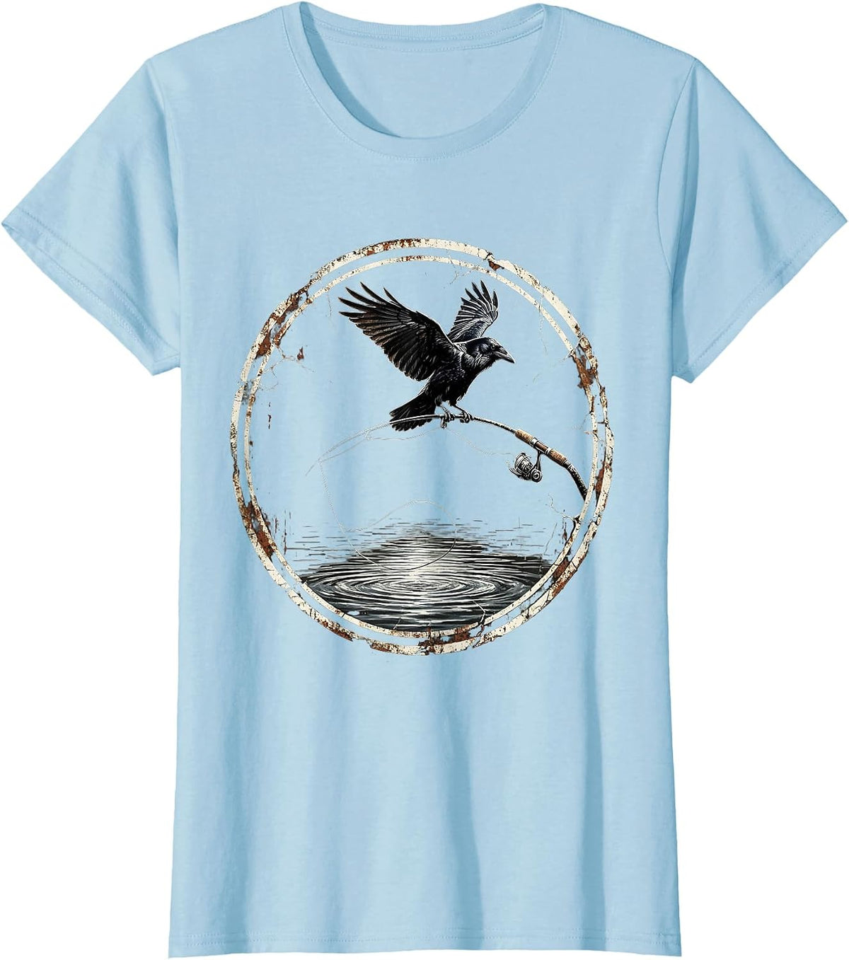 Raven on Fishing Rod Tip Graphic Design T-Shirt - Baby Blue