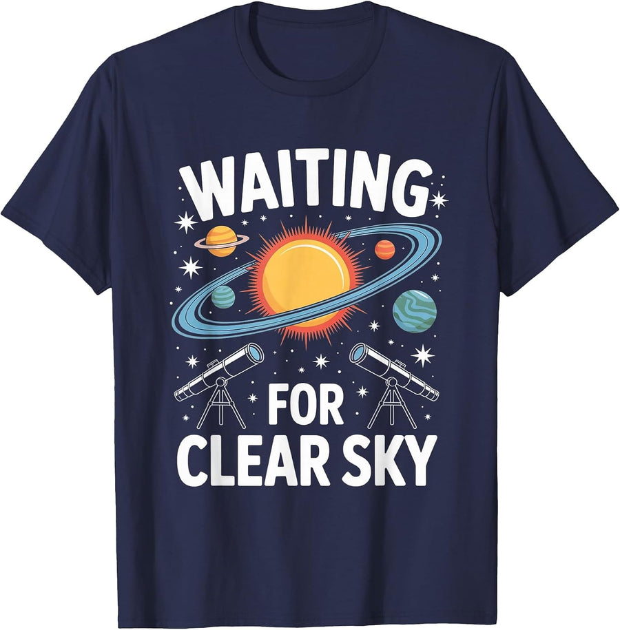 Waiting for Clear Sky Astronomy Telescope Planet Stars T-Shirt - Navy Blue