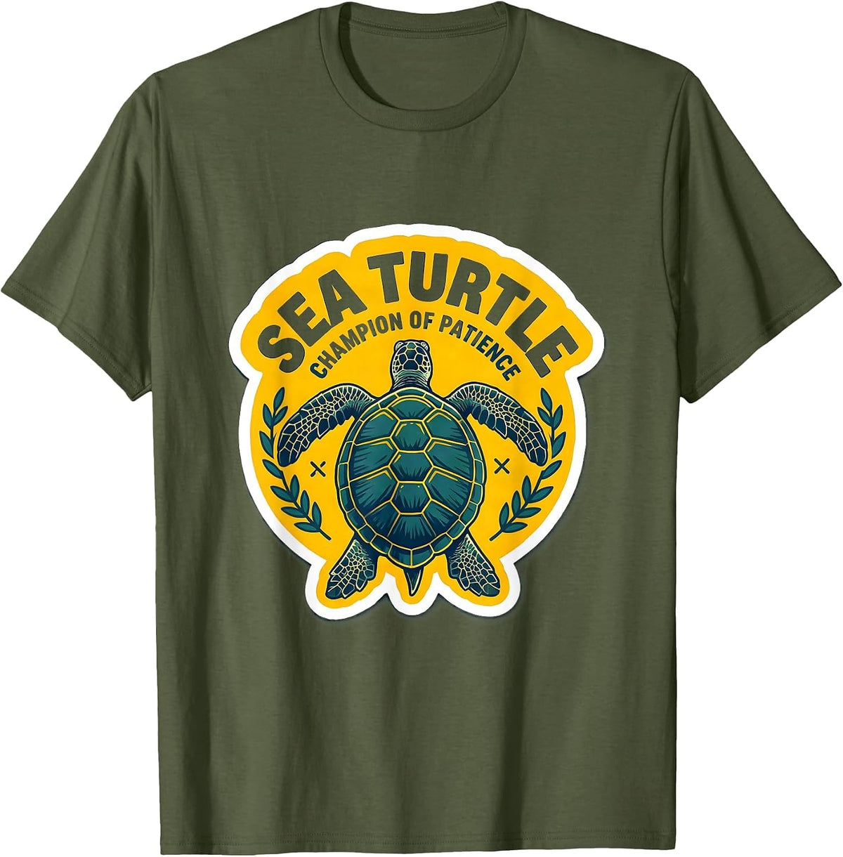 Men's Sea Turtle Champion of Patience Funny Turtle Lover Sticker T-Shirt - Olive Green
