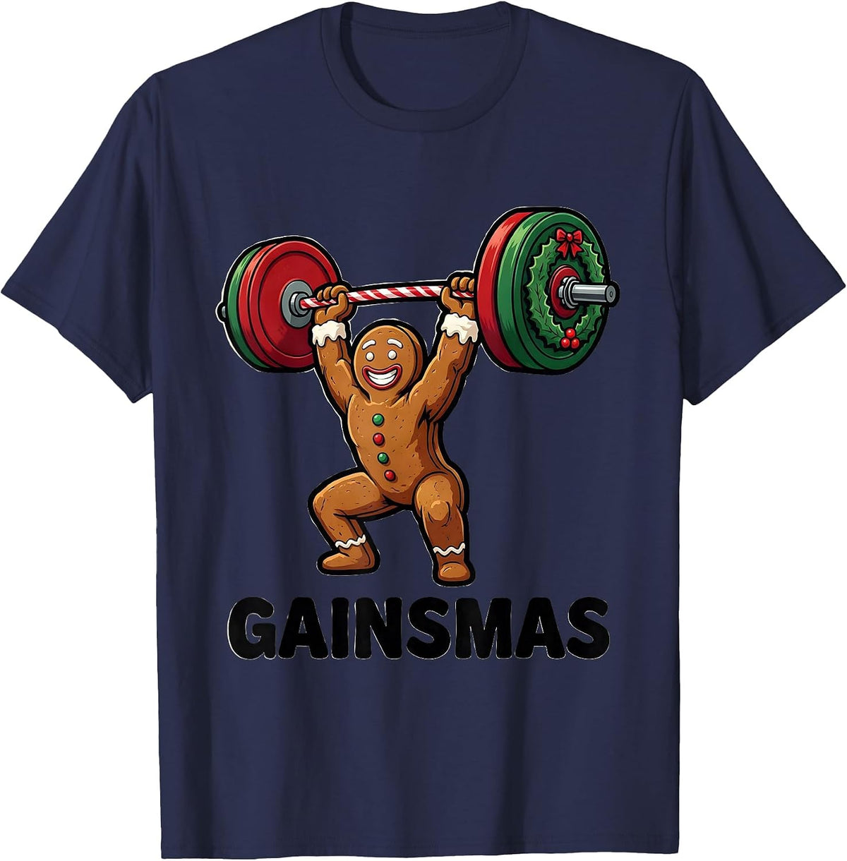 Men's Gainsmas Cartoon Gingerbread Lifter Funny Christmas Gym T-Shirt - Navy Blue