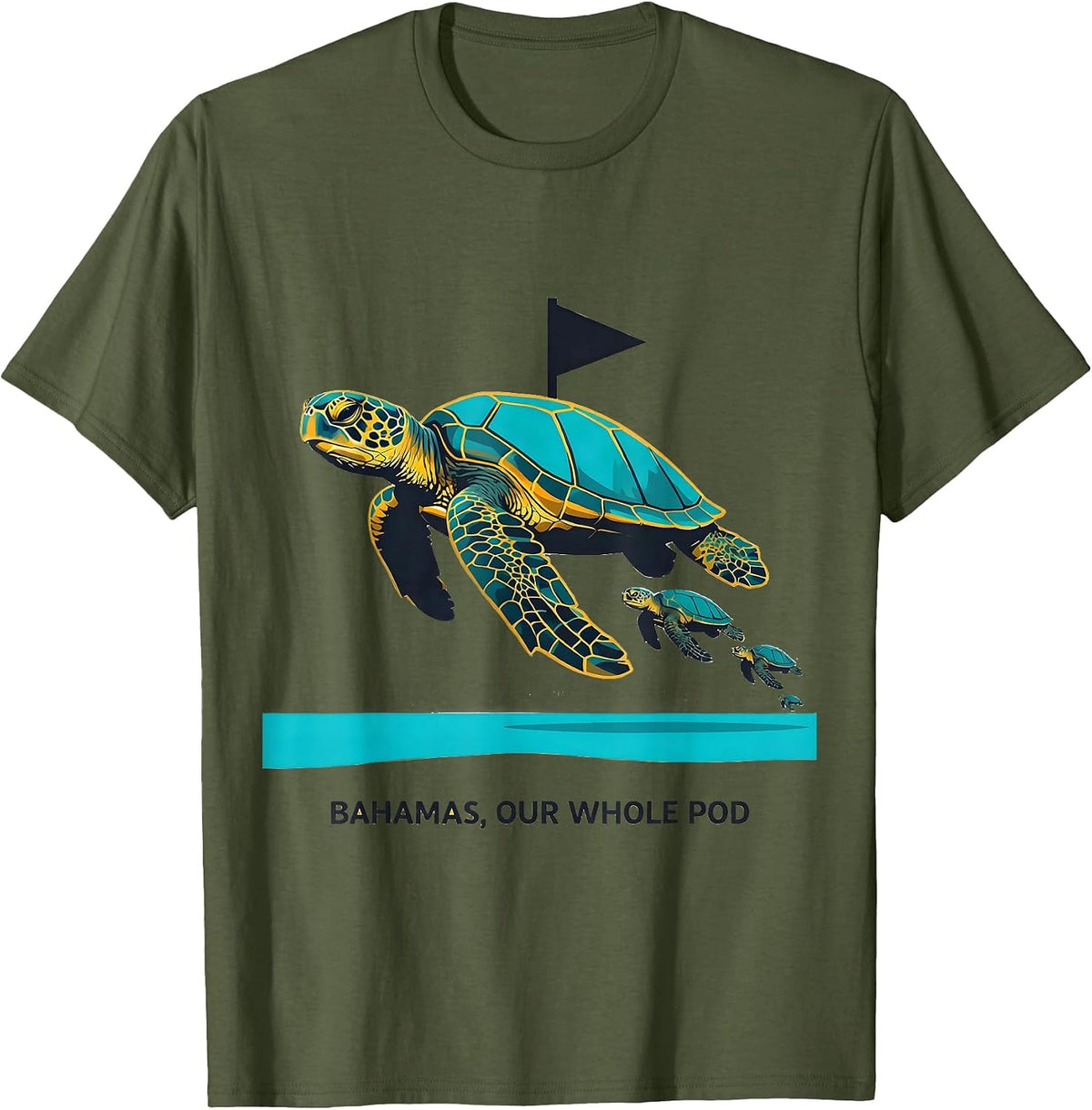 Bahamas, Our Whole Pod Flat Vector Sea Turtle Souvenir T-Shirt - Olive Green
