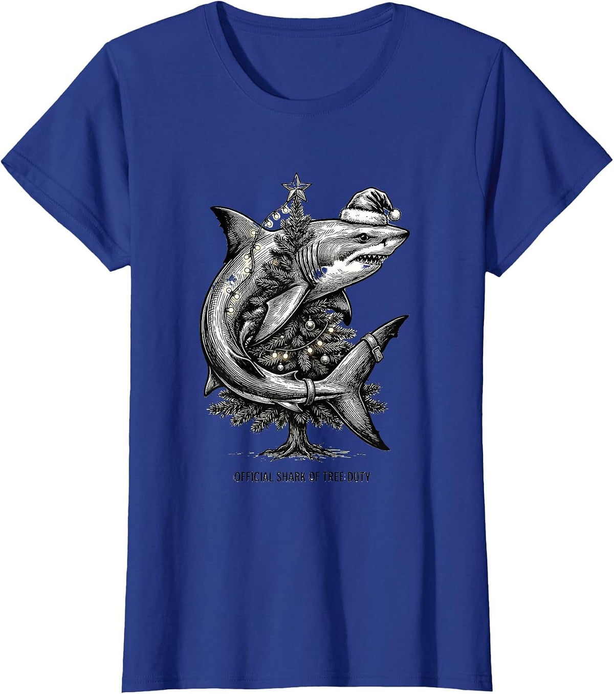 Women's Official Shark of Tree Duty Funny Shark Santa Hat Christmas T-Shirt - Royal Blue
