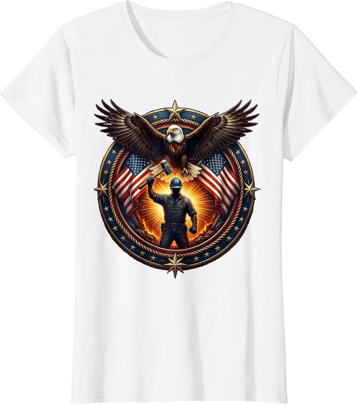 Women's Steel Worker Silhouette Molten Glow Patriotic Design T-Shirt - White