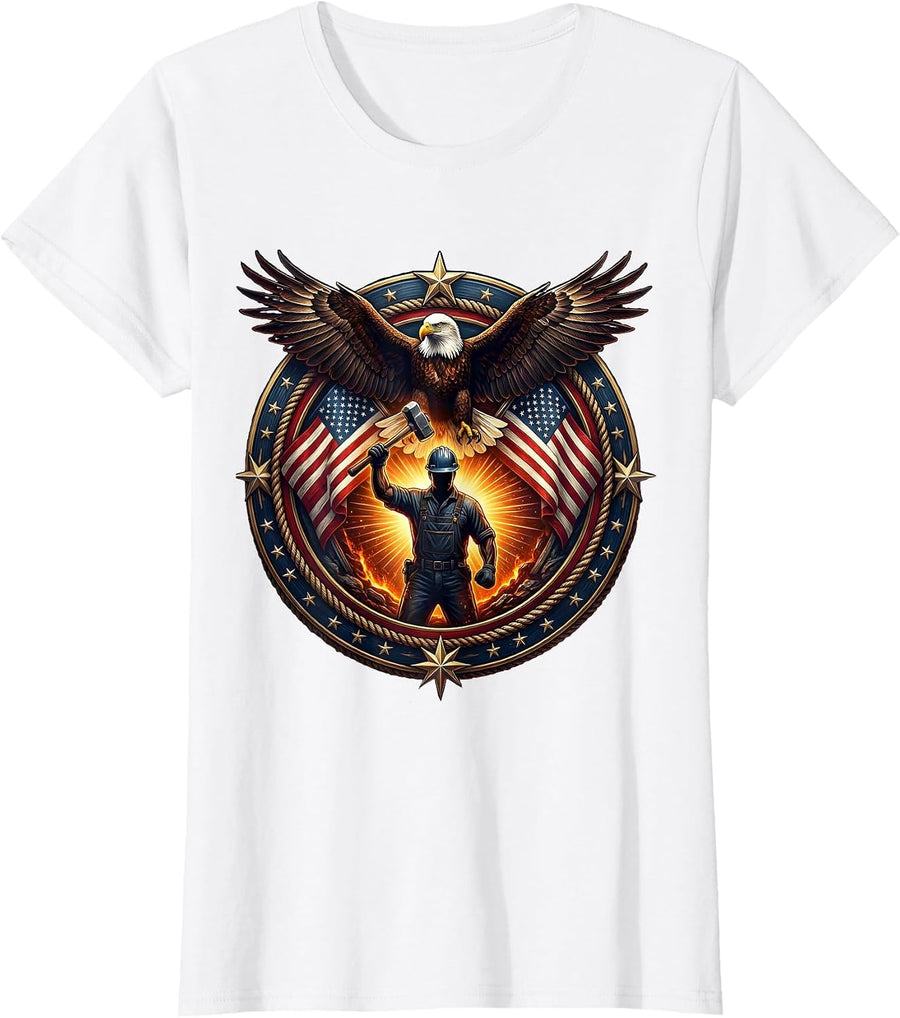 Women's Steel Worker Silhouette Molten Glow Patriotic Design T-Shirt - White