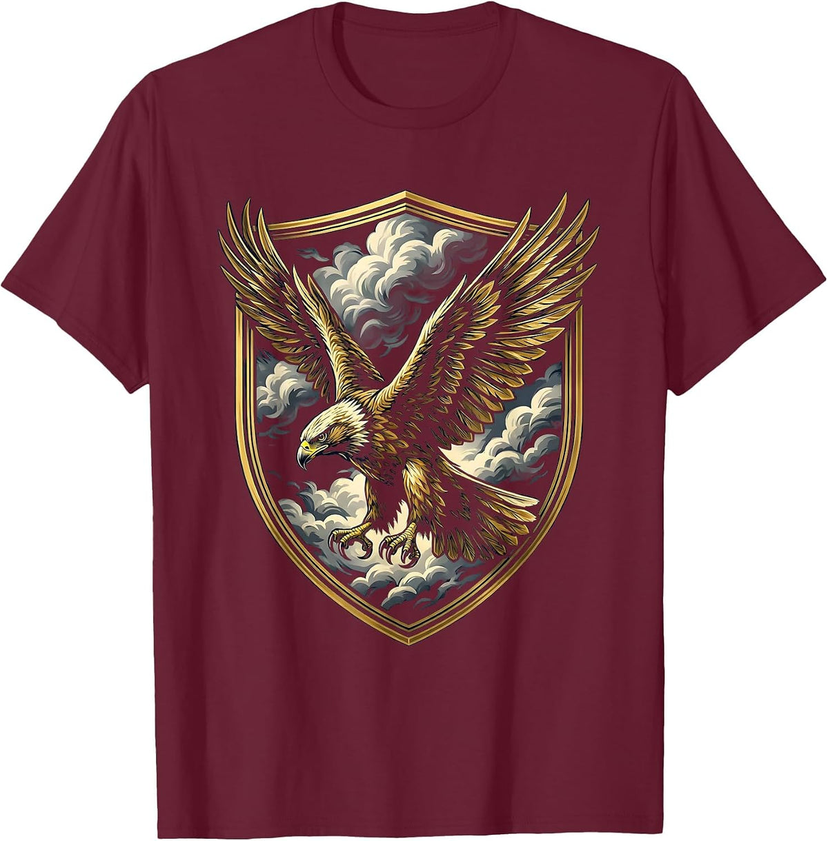 Falcon Diving Through Storm Clouds Illustration T-Shirt - Burgundy