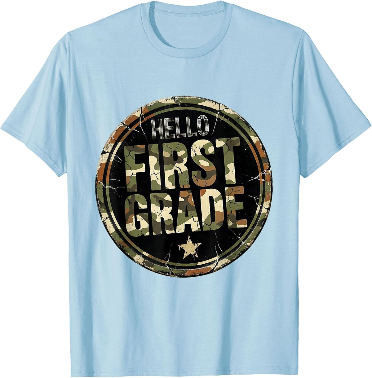 Men's Hello First Grade Distressed Camo First Day Of School Boys T-Shirt - Baby Blue