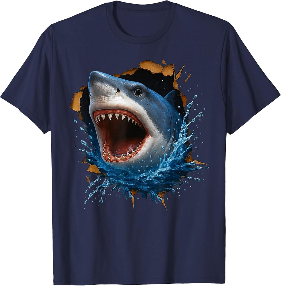 Great White Shark Torn Cloth Funny 3D Graphic T-Shirt - Navy Blue
