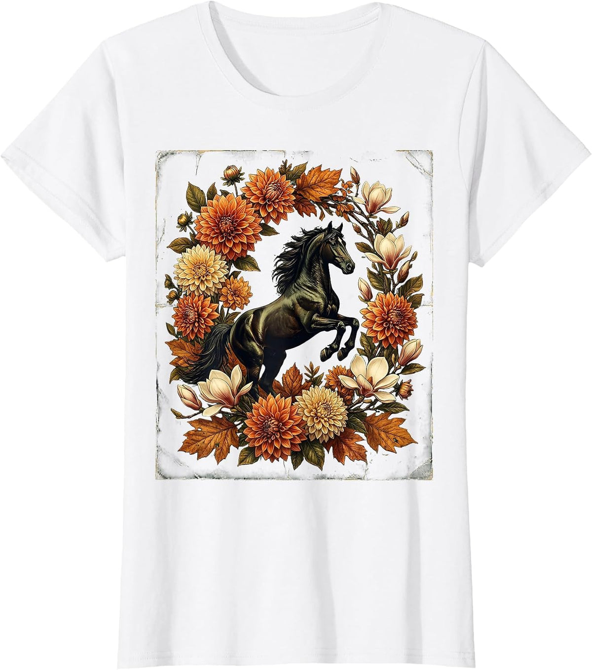 Floral Wreath Horse Silhouette Derby Design T-Shirt - White
