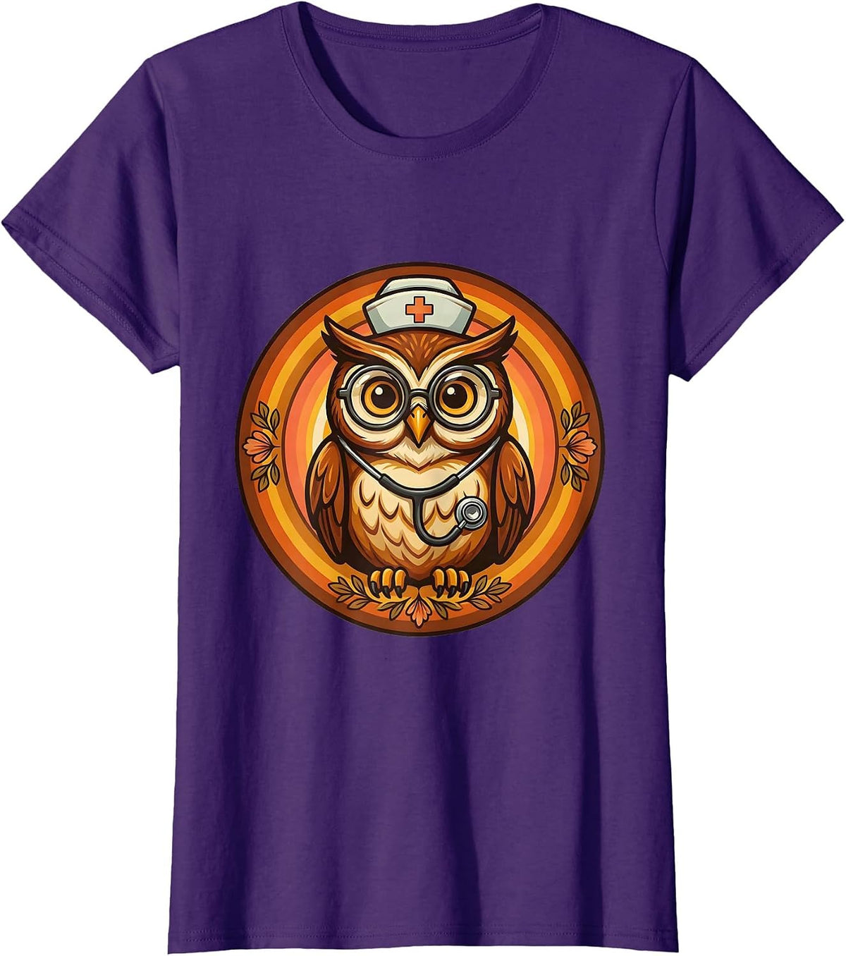 Women's School Nurse Owl with Glasses and Stethoscope T-Shirt - Purple