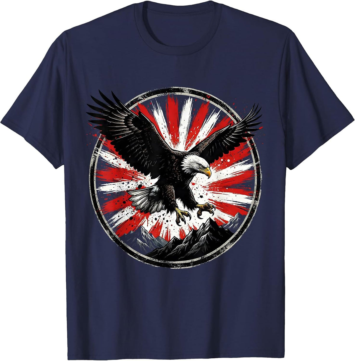 Bald Eagle Over Mountain Peaks Patriotic Design T-Shirt - Navy Blue