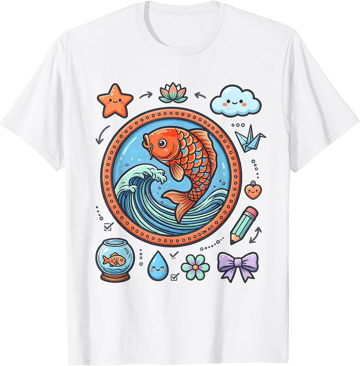 Men's Koi Fish Leaping Wave Anime Art Design T-Shirt - White
