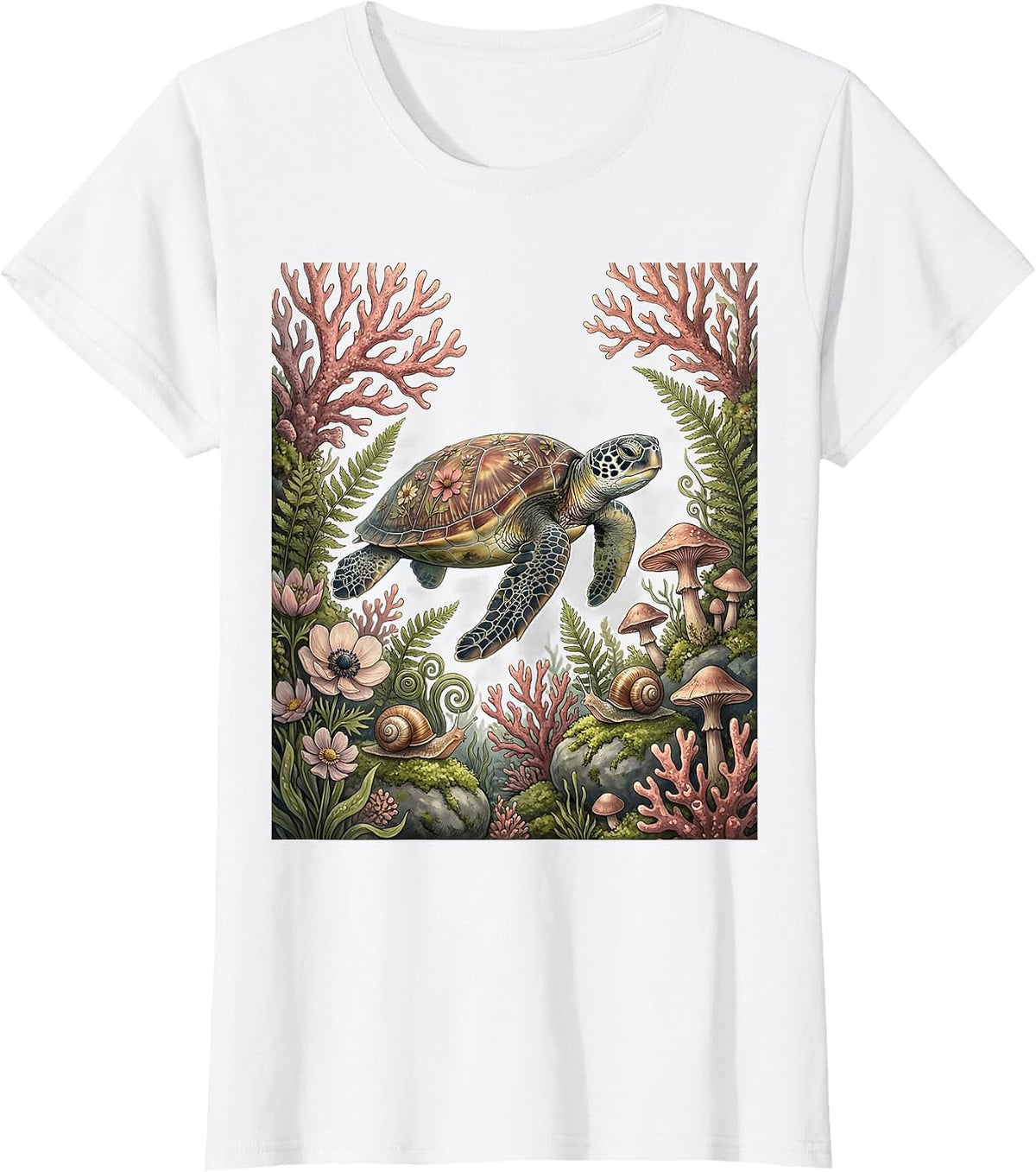 Women's Sea Turtle Pink Coral Reef Breast Cancer Awareness T-Shirt - White
