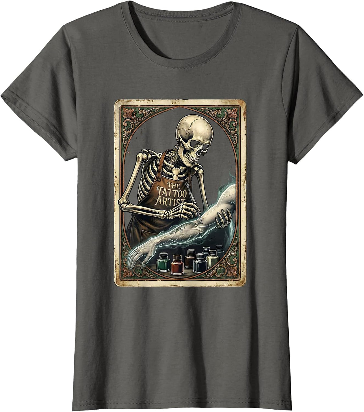 Women's The Tattoo Artist Vintage Tarot Card Skeleton Gothic Humor T-Shirt - Asphalt Grey