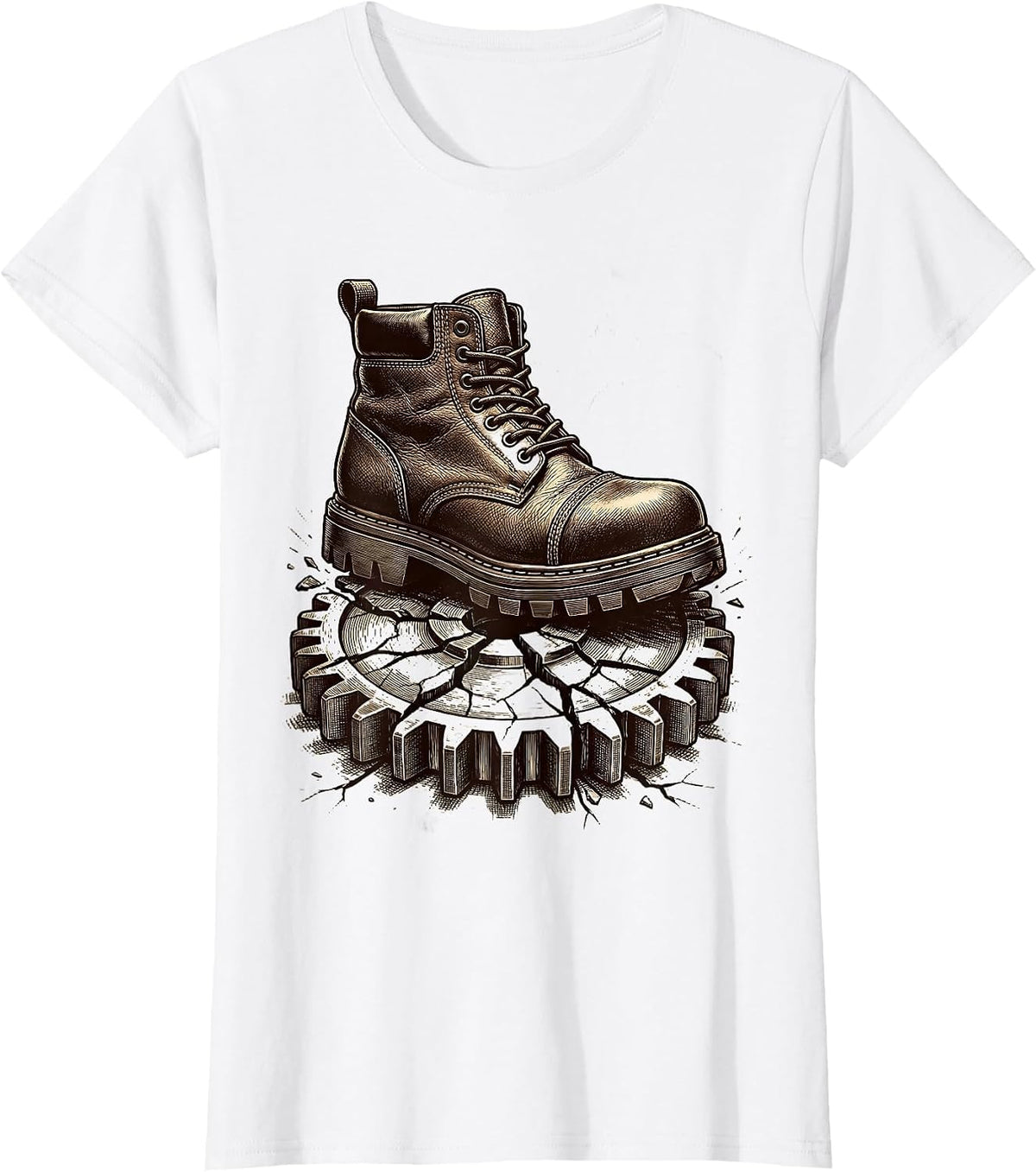 Women's Mechanic Boot Crushing Broken Gear Graphic T-Shirt - White