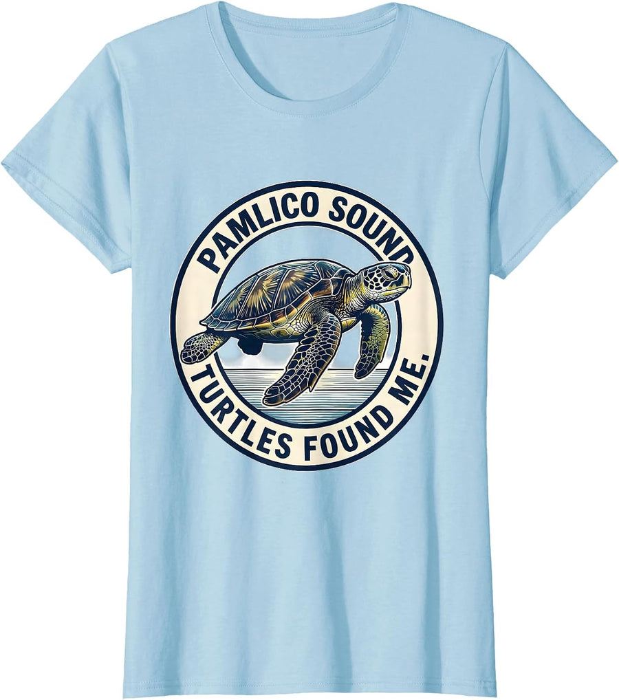 Women's Pamlico Sound Turtles Found Me Emblem Sea Turtle Lover T-Shirt - Baby Blue
