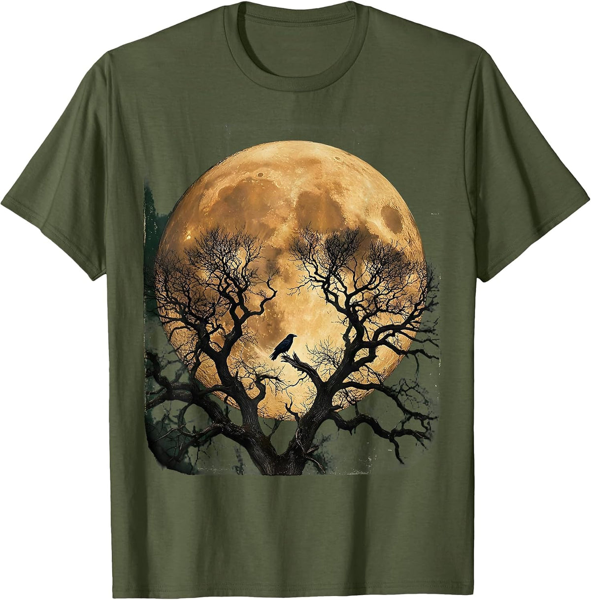 Dead Forest Full Moon Halloween Graphic T-Shirt - Olive Green