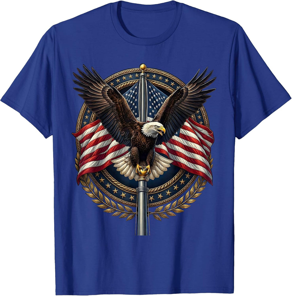 Men's Bald Eagle American Flag Pole Patriotic Design T-Shirt - Royal Blue