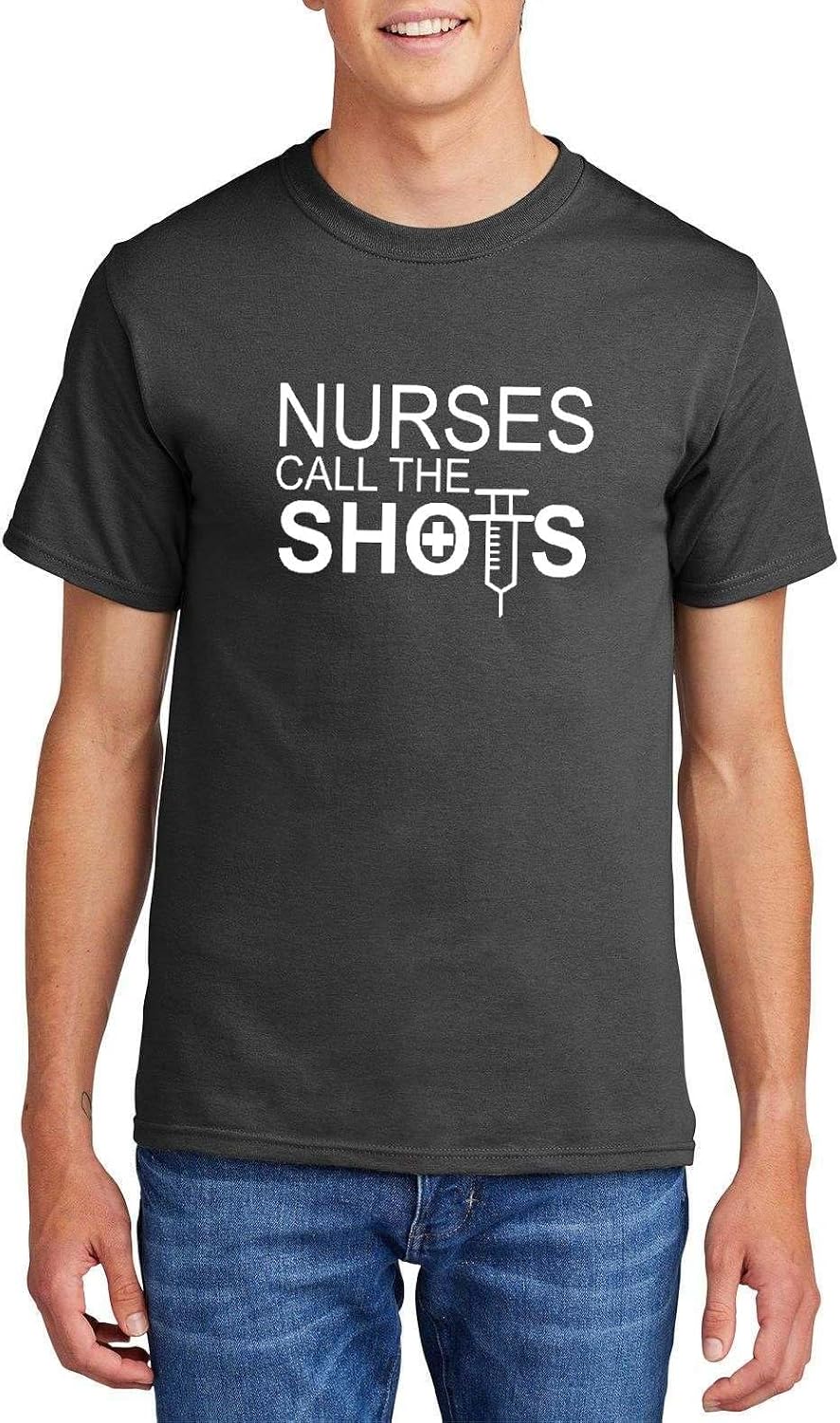 Nurses Call the Shots Funny Nurse Syringe Graphic Top Cotton Tee Adult Youth Tall Men Women - Mens Crew Charcoal