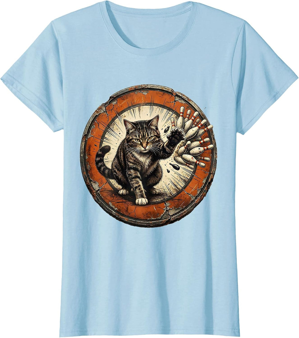 Cat Bowling Strike Funny Kitten Sports Humor T-Shirt - Baby Blue