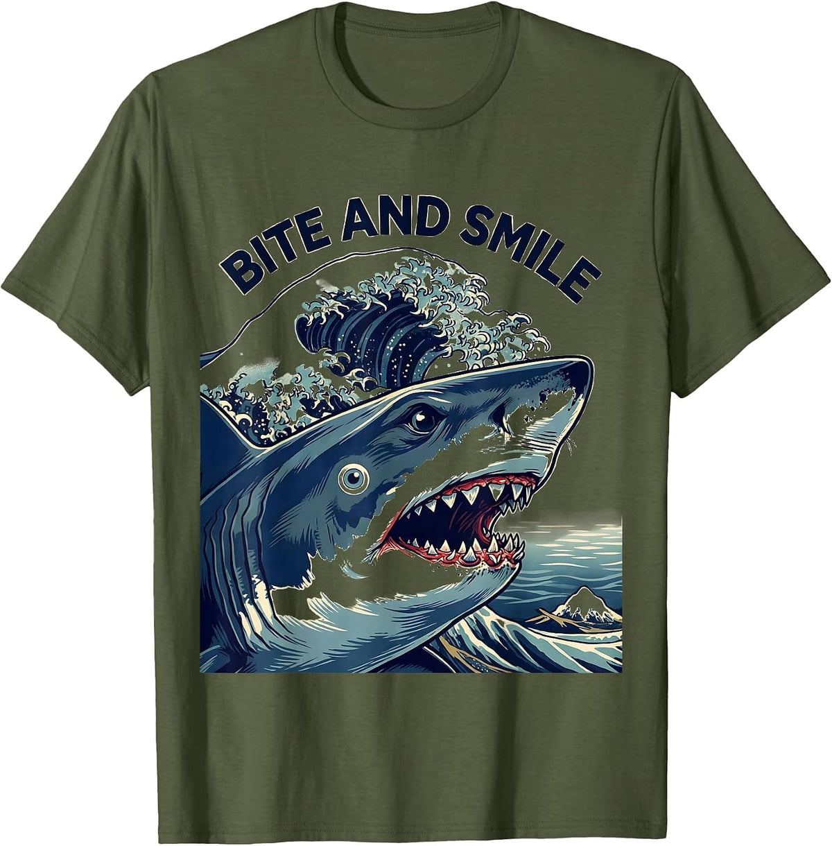 Bite And Smile Ukiyo-e Shark Lover Wildlife Humor Gift T-Shirt - Olive Green