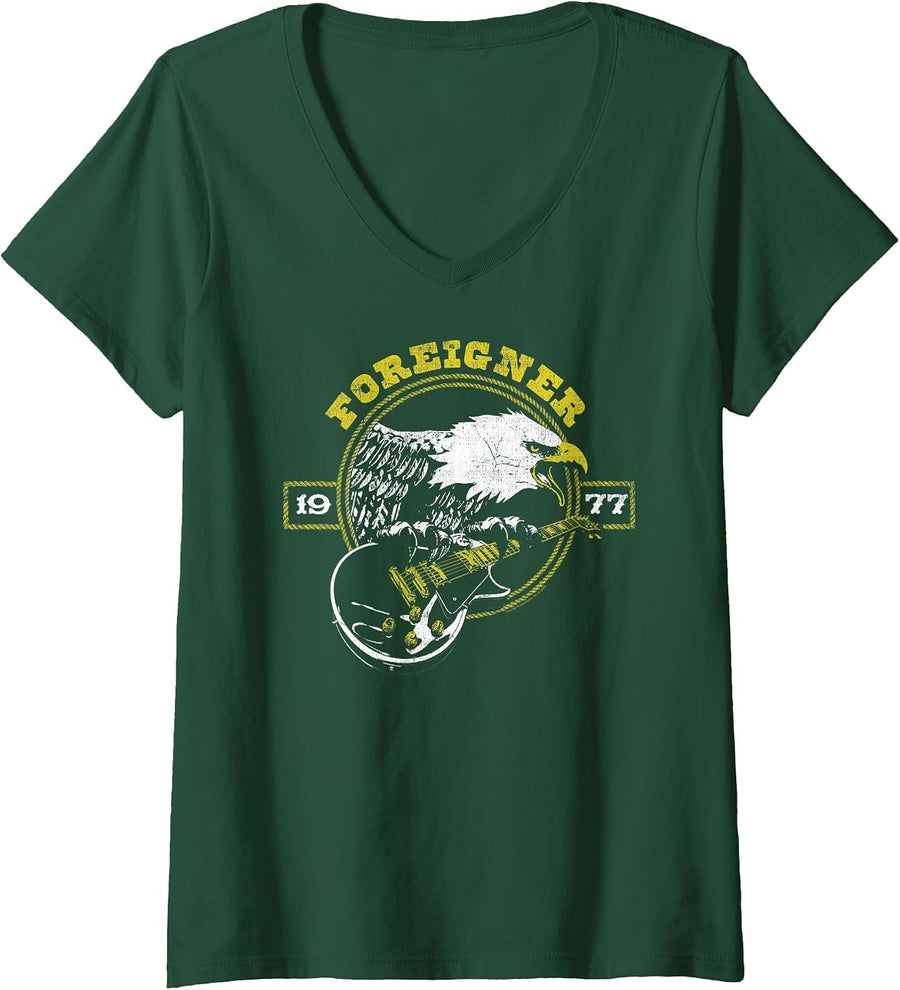 Women's Foreigner 1977 Eagle with Guitar Vintage Band V-Neck T-Shirt - Dark Green