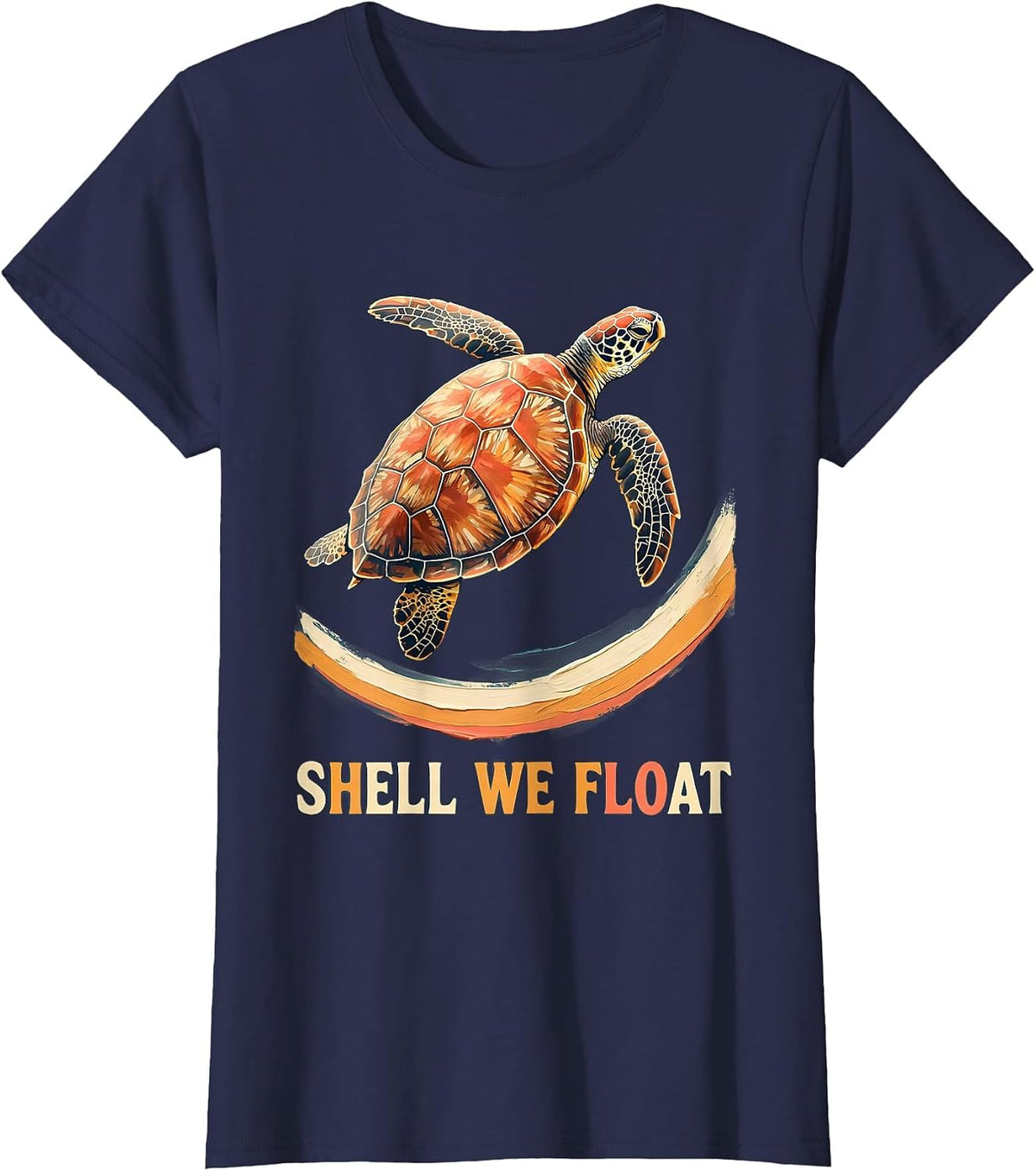Women's Shell We Float Cute Sea Turtle Ocean Animal Tropical T-Shirt - Navy Blue