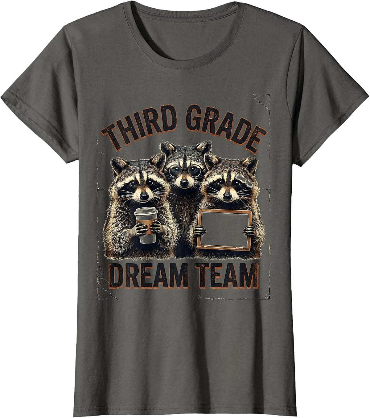 Women's Third Grade Dream Team Distressed Raccoon Teacher Back T-Shirt - Asphalt Grey