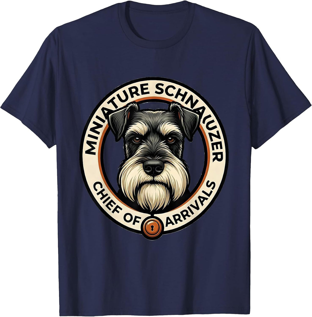 Men's Miniature Schnauzer Chief Of Arrivals Mascot Logo Dog Owner T-Shirt - Navy Blue