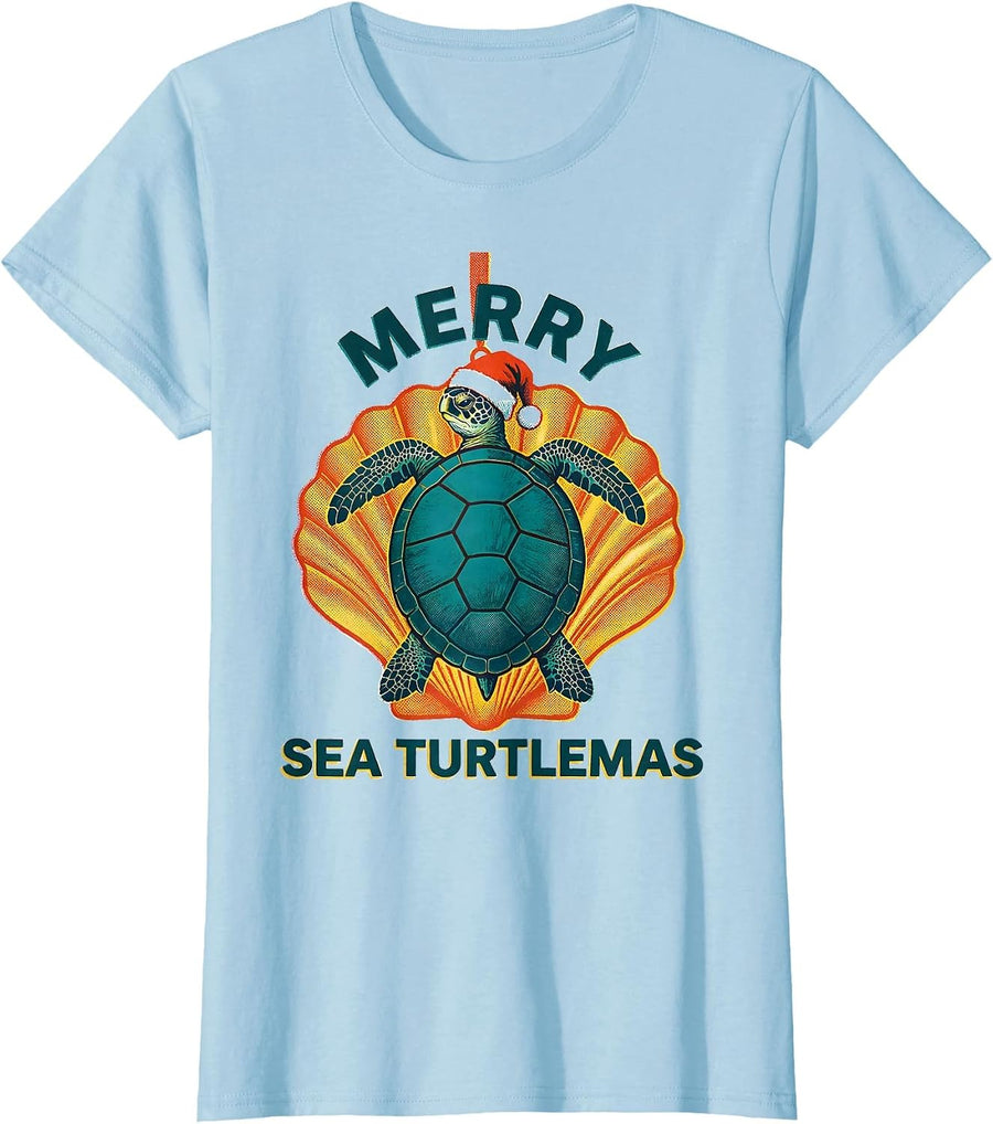 Women's Merry Sea Turtlemas Risograph Sea Turtle Lover Christmas T-Shirt - Baby Blue