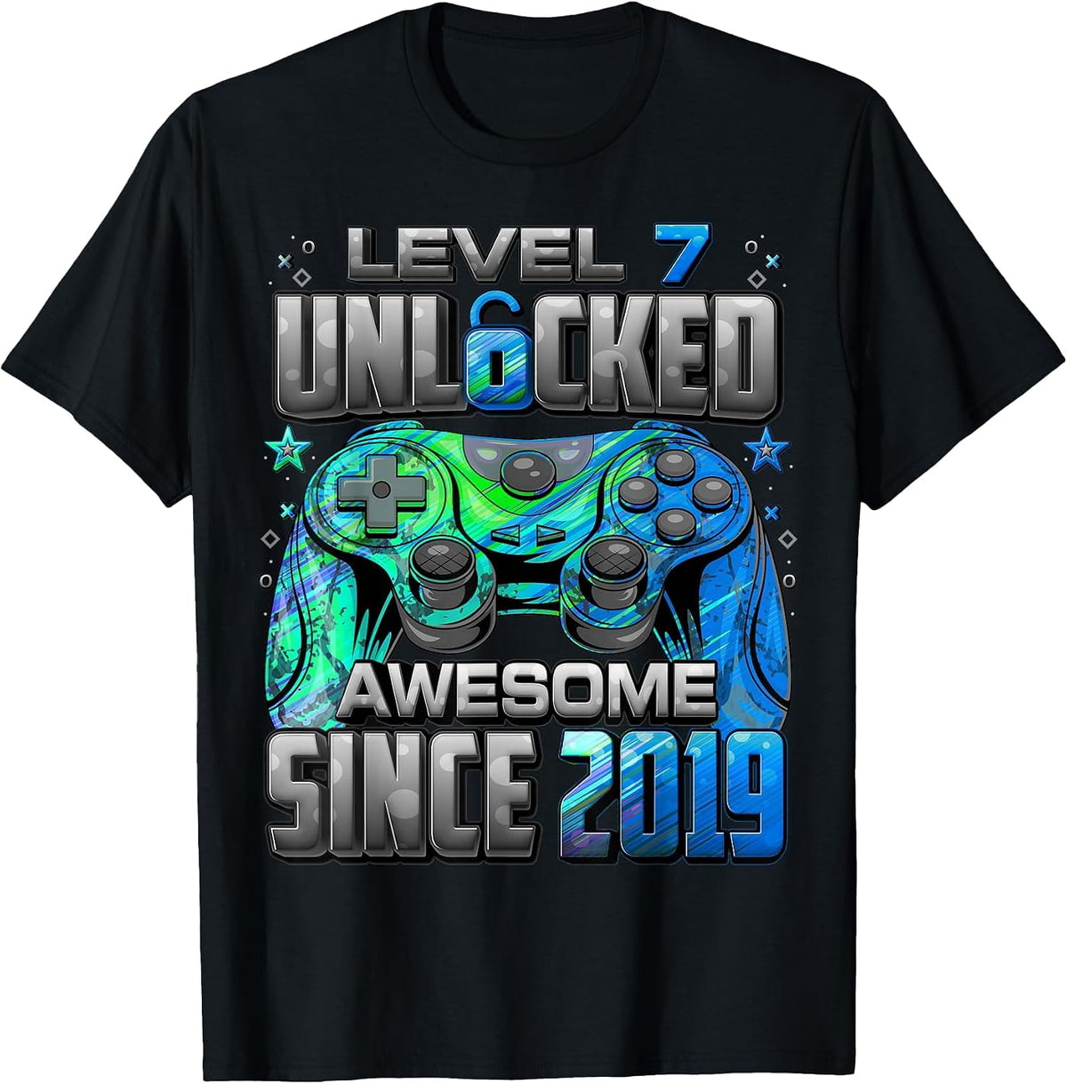 Level 7 Unlocked Awesome Since 2019 7th Birthday Gaming T-Shirt - Black