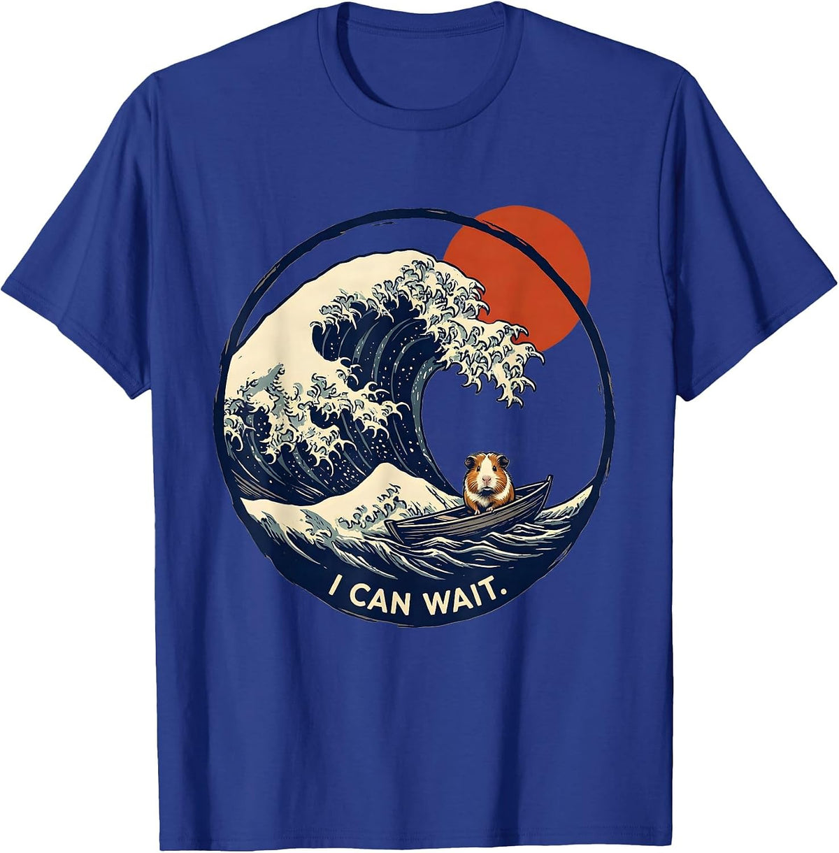 Men's I Can Wait Linocut Japanese Art Animal Meme Humor T-Shirt - Royal Blue