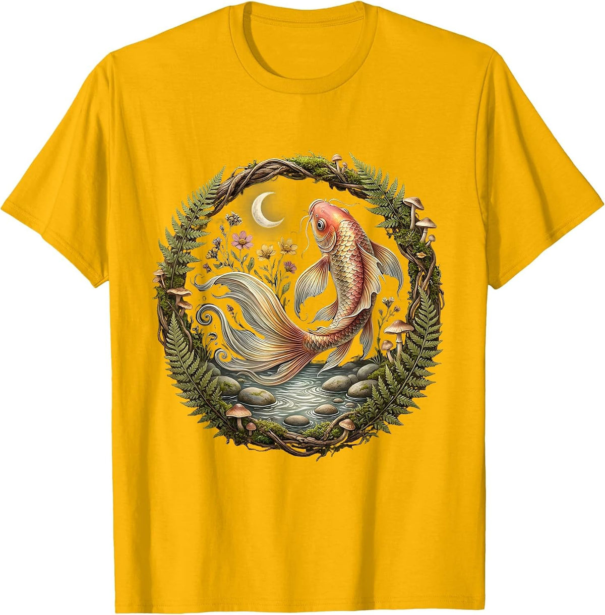 Koi Fish Leaping Waterfall Graphic T-Shirt - Golden Yellow