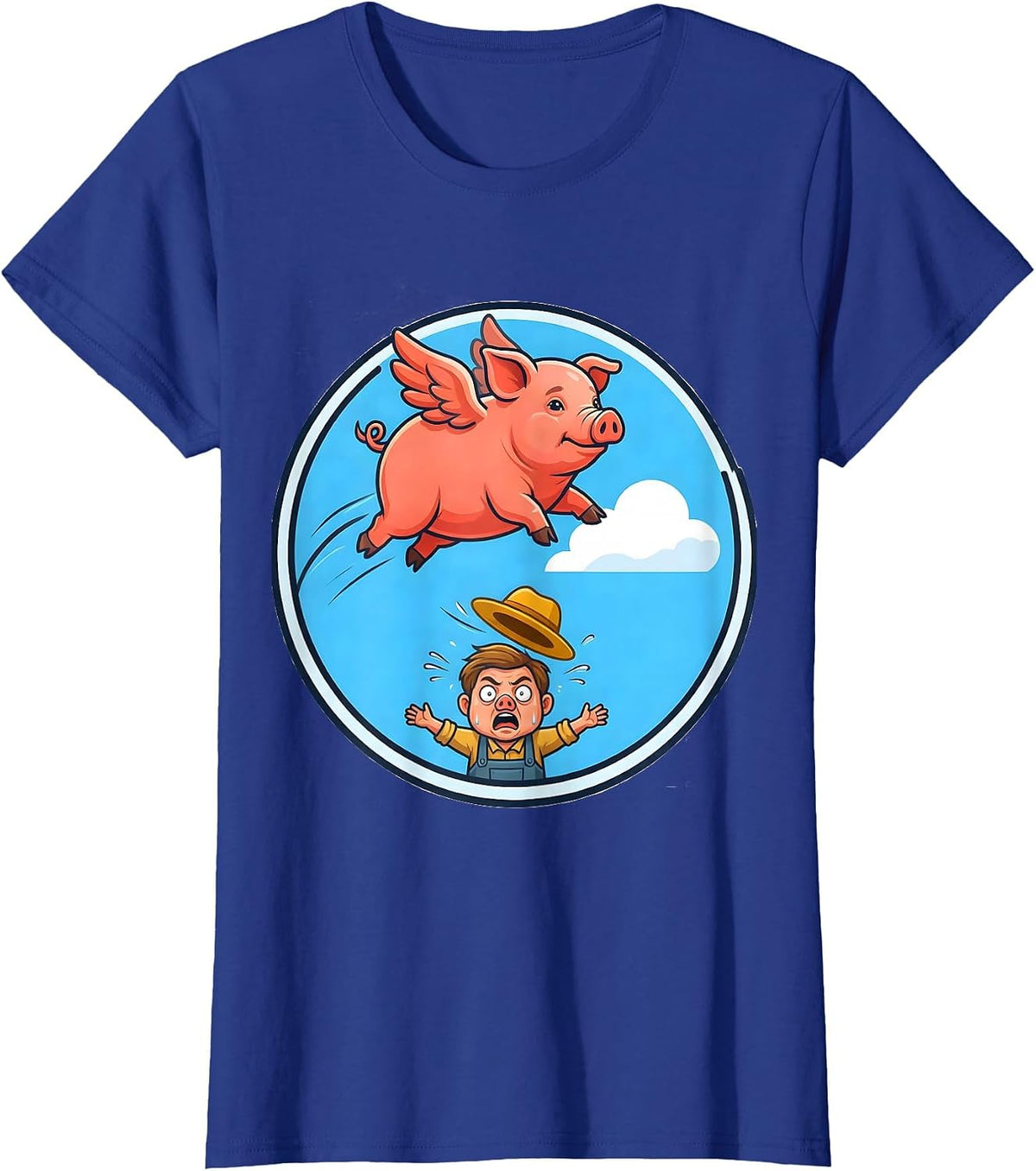 Women's Funny Flying Pig Soaring Past Shocked Farmer T-Shirt - Royal Blue