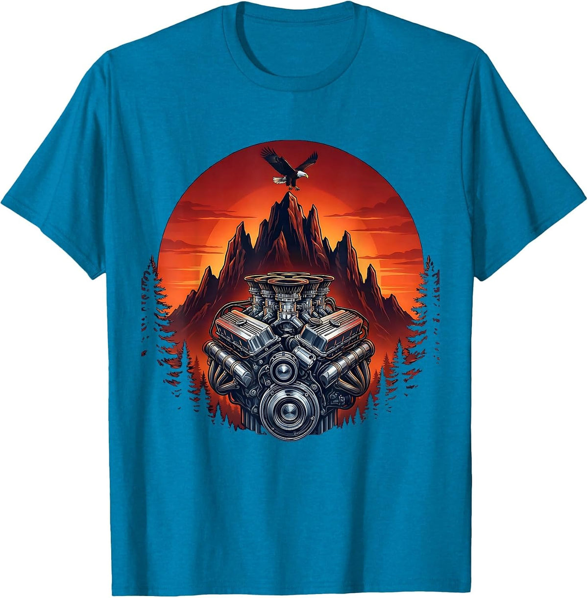 Hot Rod Engine Exposed Pistons American Muscle Art T-Shirt - Sapphire Blue