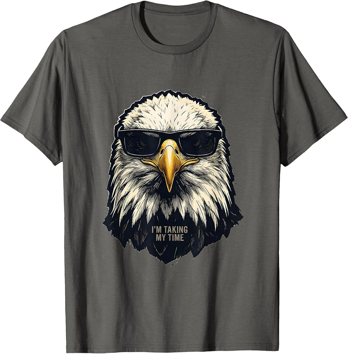 Men's I'm Taking My Time Linocut Bald Eagle Sunglasses Funny T-Shirt - Asphalt Grey