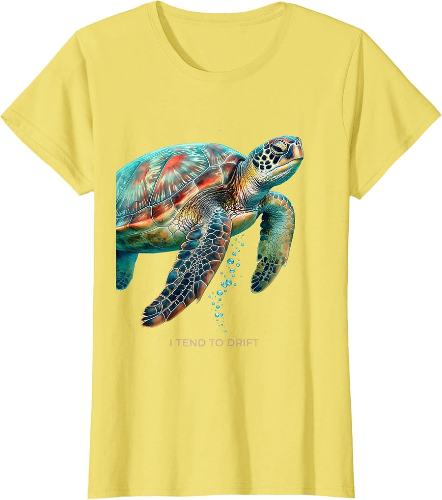 Women's I Tend To Drift Watercolor Sea Turtle Ocean Animal Lover T-Shirt - Lemon Yellow