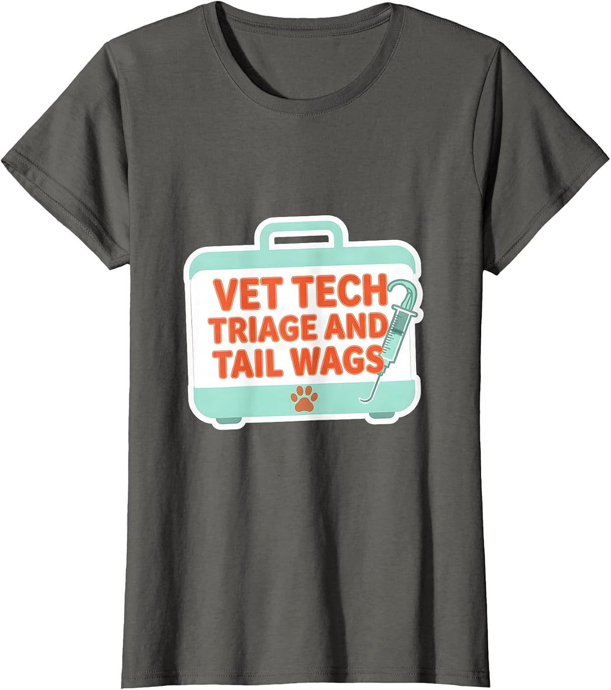 Women's Vet Tech Triage and Tail Wags Sticker Style Veterinary T-Shirt - Asphalt Grey