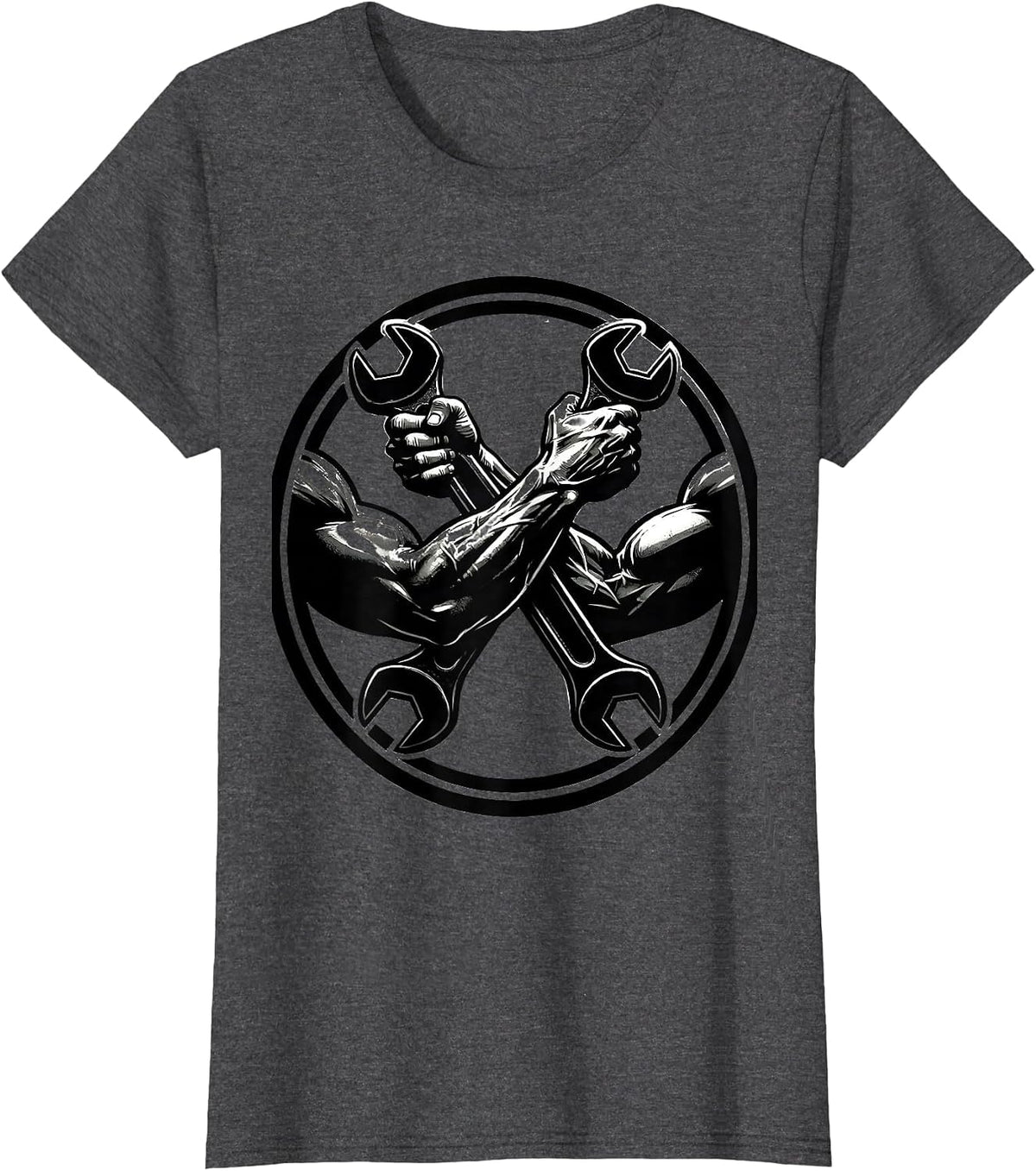 Women's Mechanic Wrench Gripping Muscular Arms Graphic T-Shirt - Dark Heather Grey
