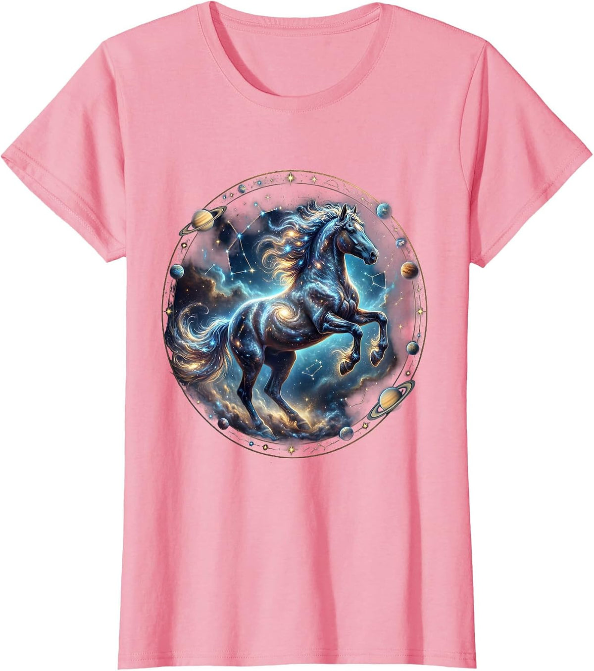 Women's Wild Horse Galloping Through Tall Grass Illustration T-Shirt - Pink