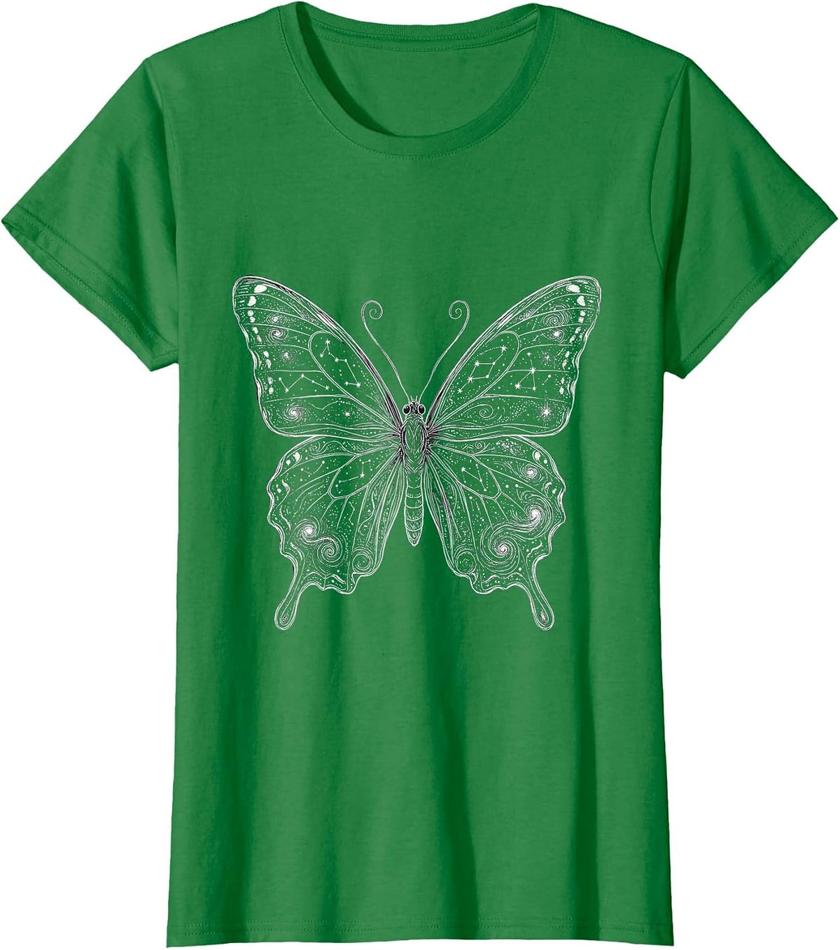 Galaxy Butterfly Silhouette Stars Cosmic Nature Art T-Shirt - Kelly Green
