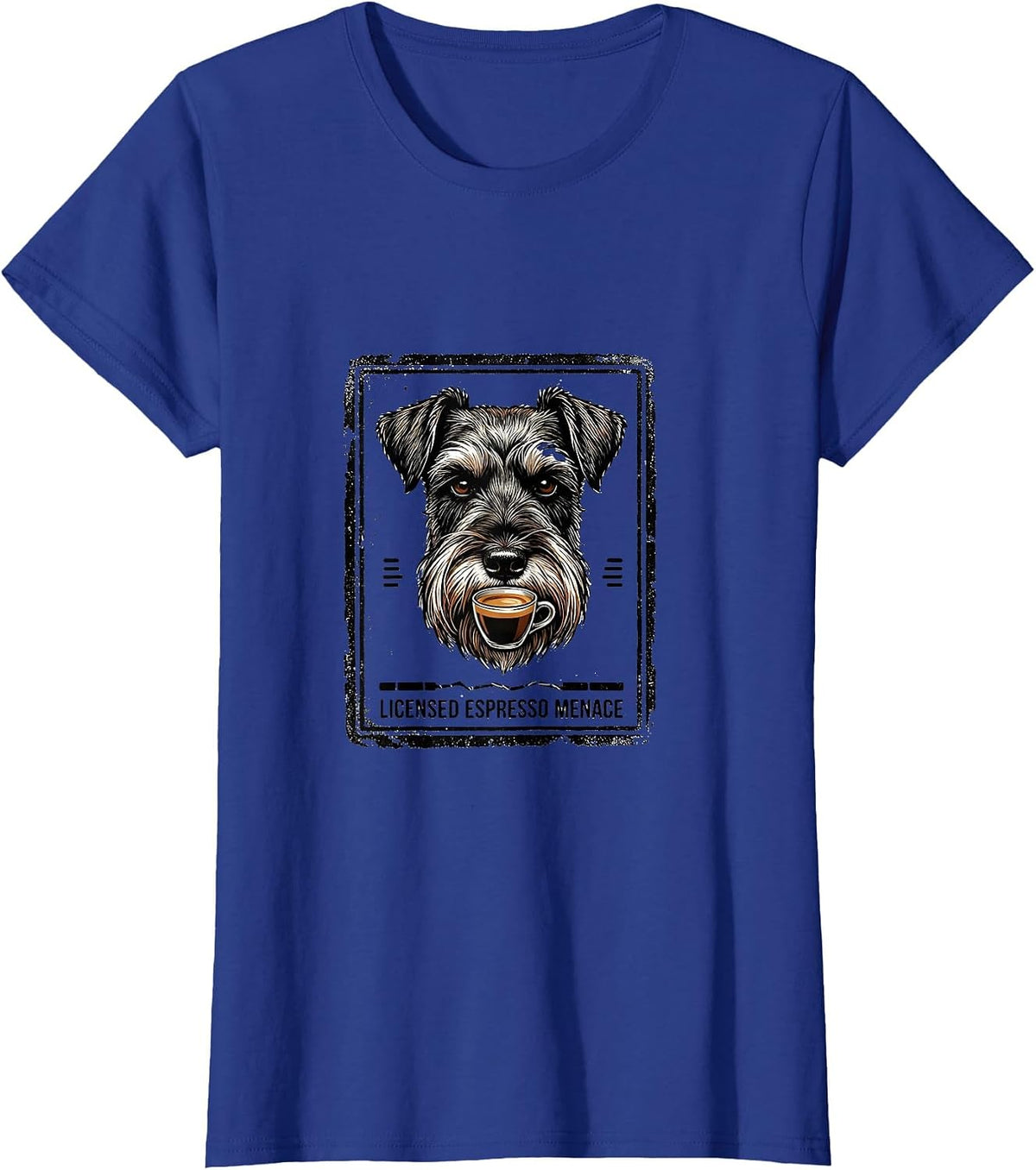 Women's Licensed Espresso Menace Funny Miniature Schnauzer Dog Meme T-Shirt - Royal Blue