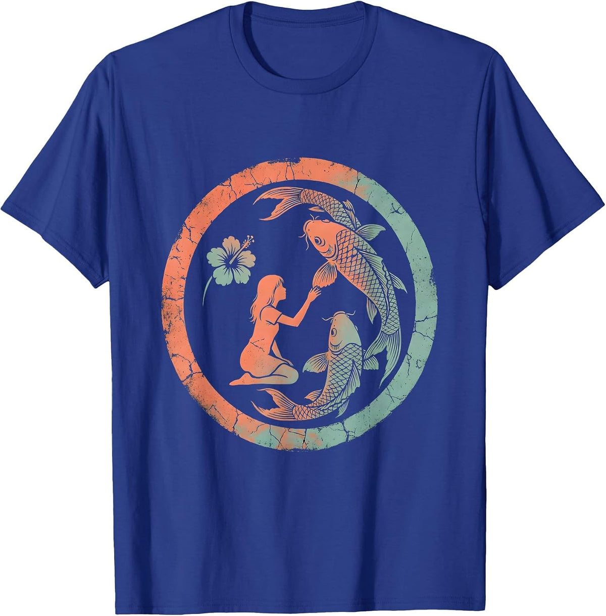 Girl Feeding Koi Fish Garden Pond Hawaiian T-Shirt - Royal Blue
