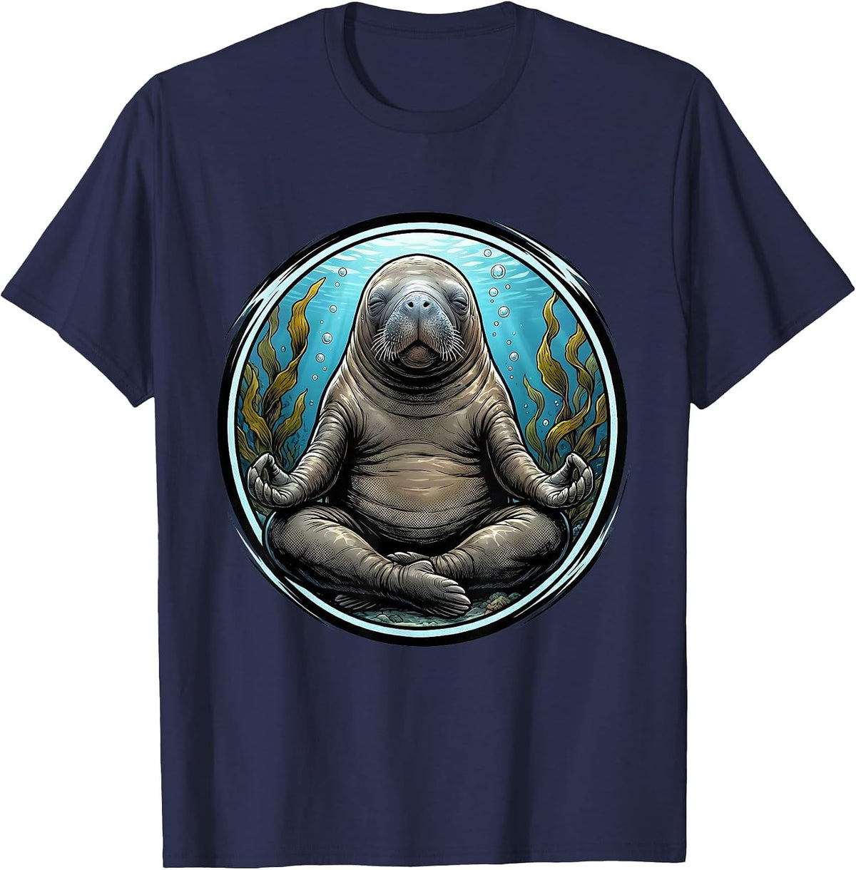 Funny Manatee Yoga Pose Underwater Art T-Shirt - Navy Blue